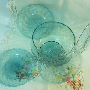 C.1845-1860, Set of 4, Free-Blown Tea Plates, English Wrythen Glass in Sea Green